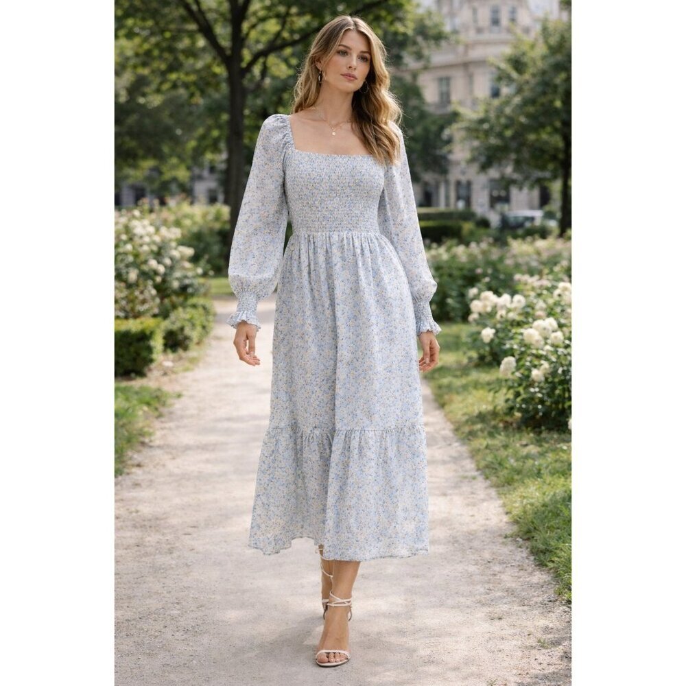 Bumpbabe Blue Floral Smocked Midi Dress S Long Sleeve Cottagecore Boho Spring